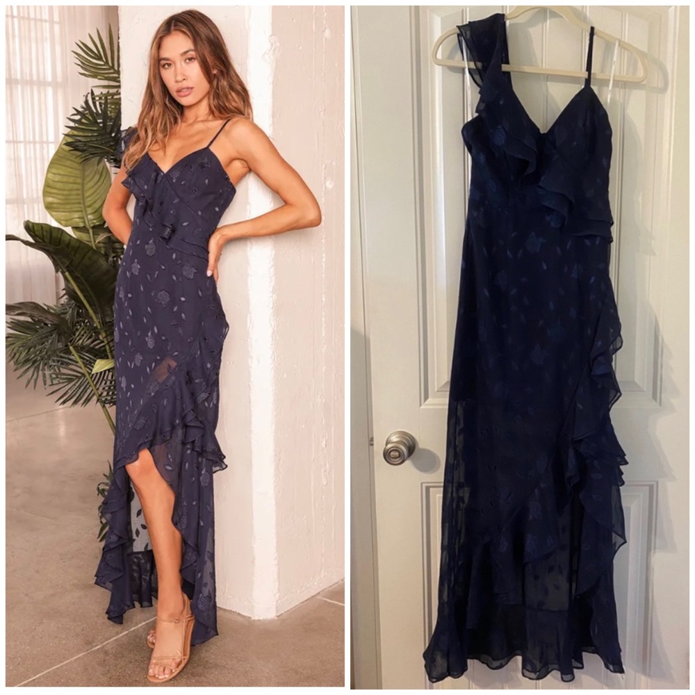 Lulus Forever Be Navy Floral Jacquard Ruffled Maxi Dress